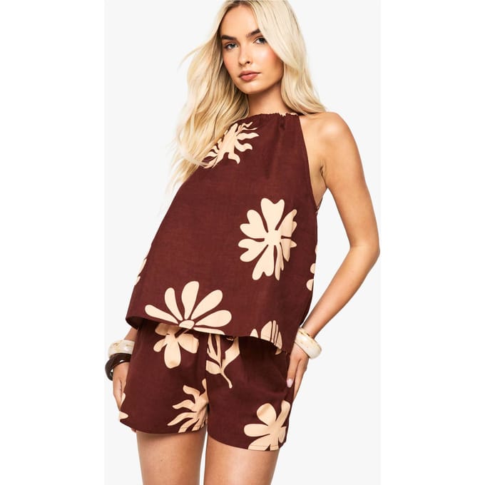 boohoo Dames Linnen shorts met schelpprint | Chocoladebruin | Maat: 36