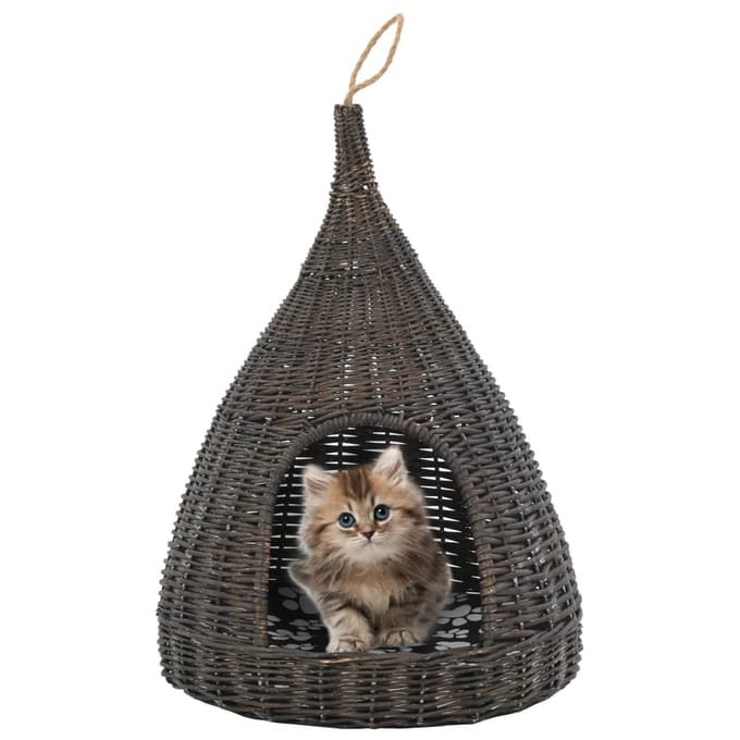vidaXL Kattenhuis met kussen tipi 40x60 cm natuurlijk wilgen grijs