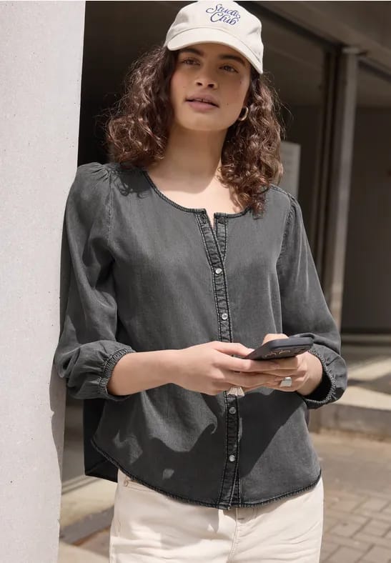 Jeansblouse met 3/4-mouwen en ronde hals