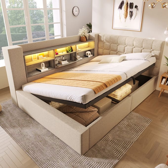 MODFU – Gestoffeerd Bed met LED & Opbergruimte – 140x200 cm – L-Vormig Hoofdbord – Linnen – Beige