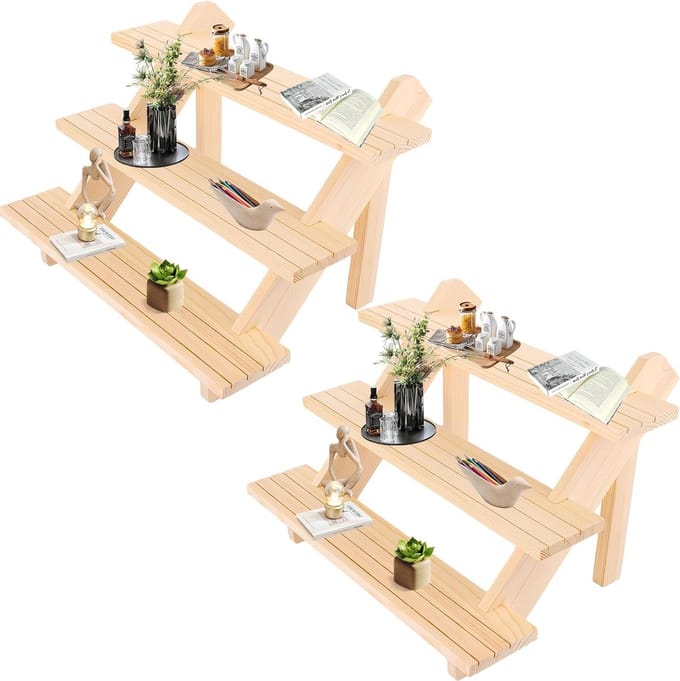 Set van 2 Houten Drie-traps Displaystandaards voor Sieraden, Lipstick en Nagellak - 39 x 30 x 24 cm