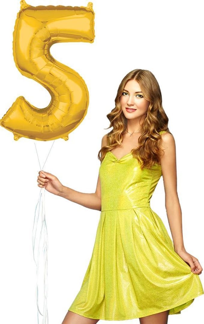 Inclusief helium ballon cijfer 5  gevuld goudkleurig.