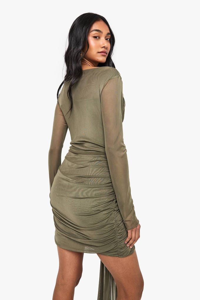 boohoo Dames Mini-jurk met mesh ruched twistdetail | Khaki | Maat: 8