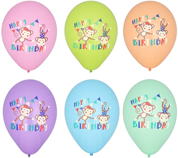 12x 6 Ballonnen Ø 29 cm assorti kleuren Monkey Birthday