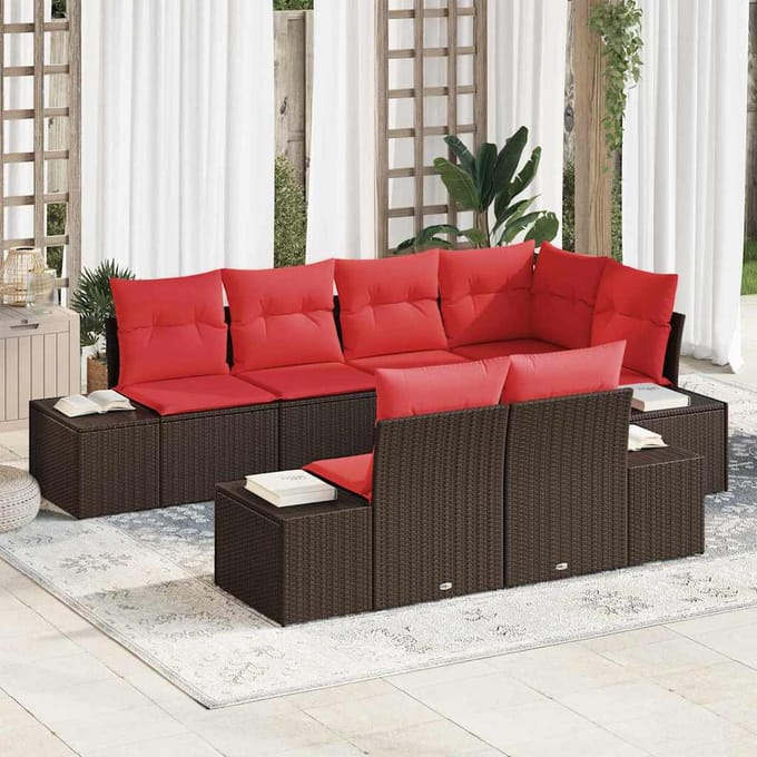 vidaXL - Tuinbank - Set - 7 - st - Bruin - en - Rood - poly - rattan
