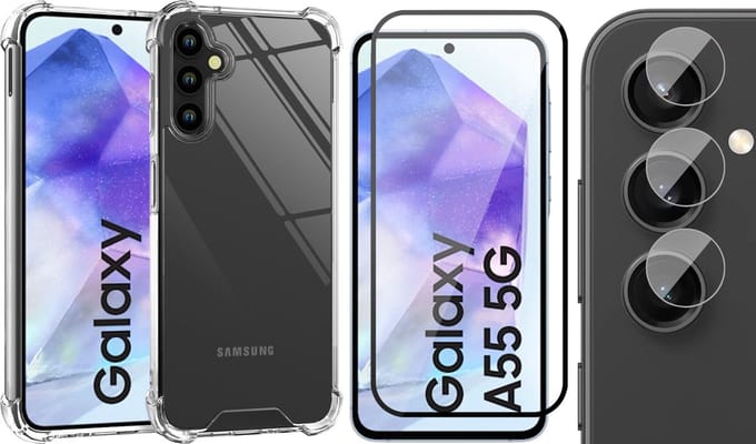 Hoesje geschikt voor Samsung Galaxy A55 - Screenprotector Volledig Dekkend Glas & Camera - Shockproof Transparant