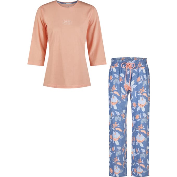 By Louise Dames Pyjama Set Lang Oranje/Blauw Gebloemd - Maat M