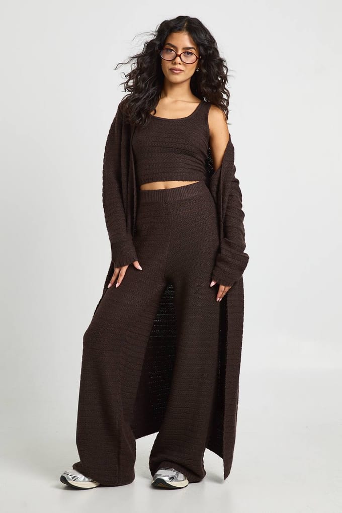 boohoo Dames Getextureerde gebreide top met ronde hals | Chocoladebruin | Maat: Medium