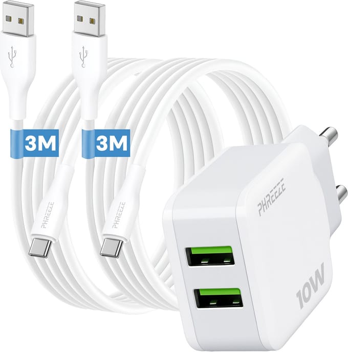 Phreeze usb lader 10 W - Dual usb poorten - Power adapter met 2 usb A naar usb C kabels 3 m - Voor tablet, laptop en controller