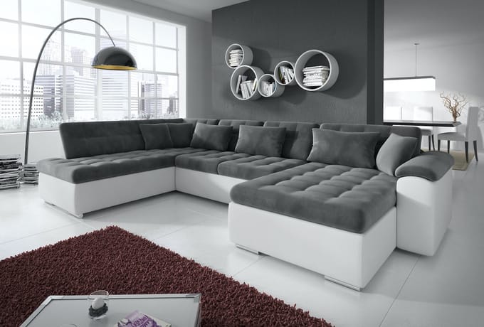 Meubella - Hoekbank Nicoreta - Grijs - Wit - Leer - Velvet - Rechts