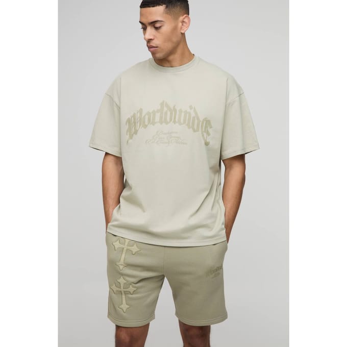 Oversized Cross Applique T-Shirt & Short Set | Sage | Size Medium