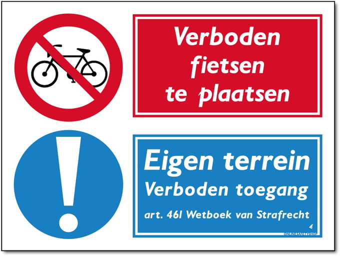 Fietsen plaatsen bord - Verboden / Eigen terrein combinatie - Forex - 30 x 40 cm - Weerbestendig