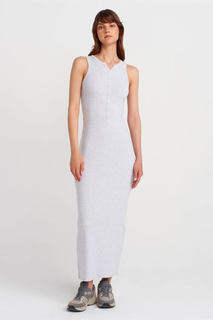 Geribbelde Katoenmix Mouwloze Maxi-jurk