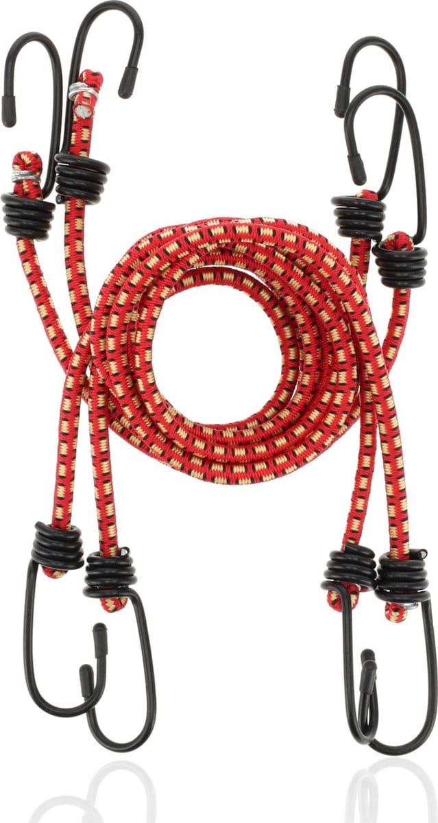 Spinbinder Rood&Geel - 4 Stuks Elastische Binders Ø10 mm - 80 cm- 8 Sterke Haken - Ideaal voor Bagage & Fietsen