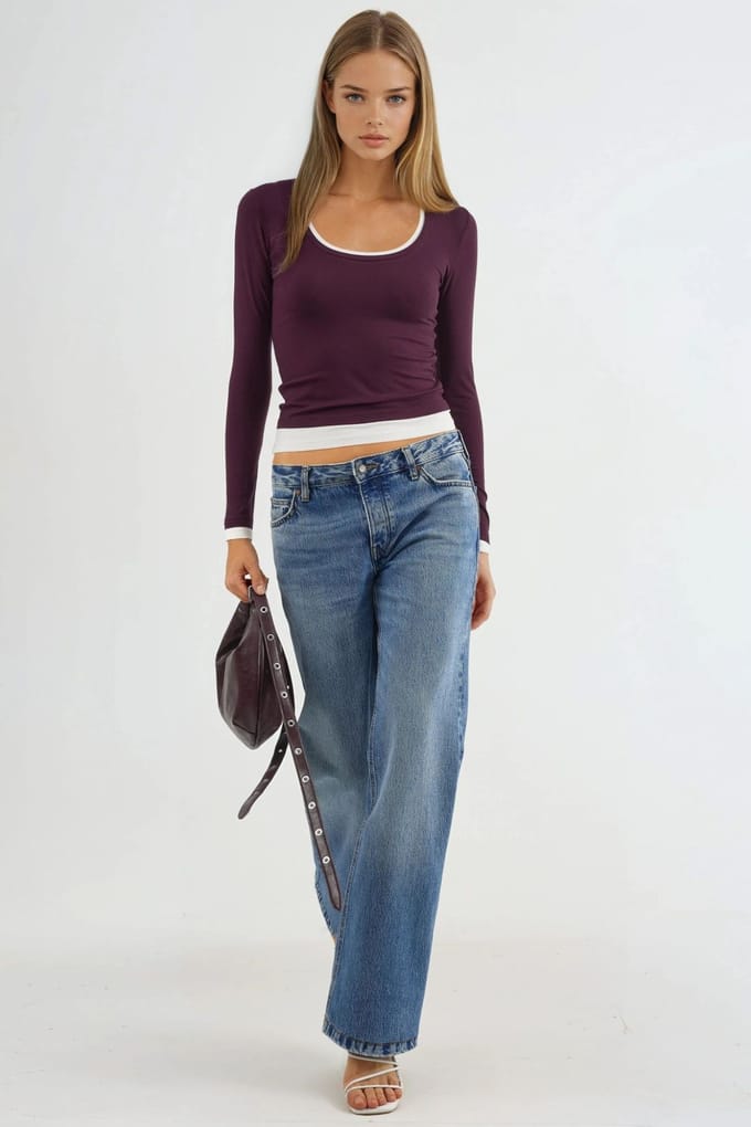 Contrast Binding Lange Mouwen Blouse