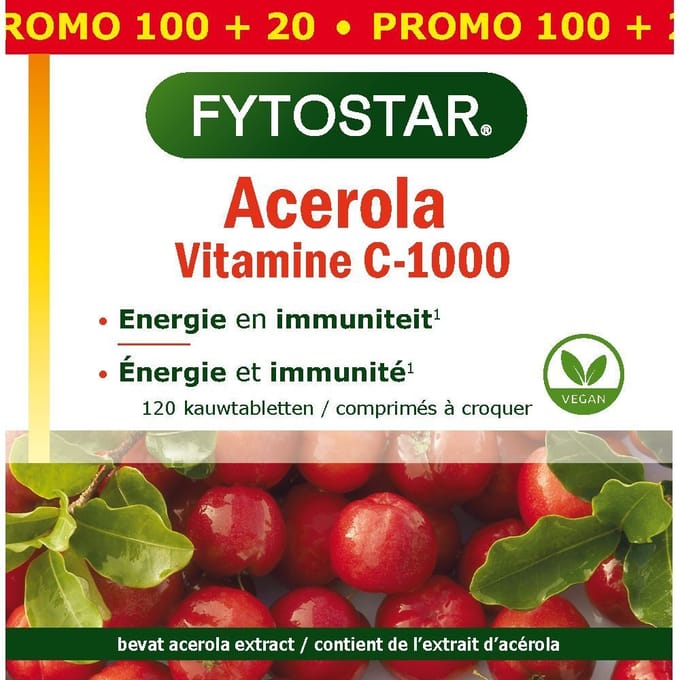 Fytostar Acerola C 1000 – Voor weerstand – Vegan - Vitamine C - 120 kauwtabletten
