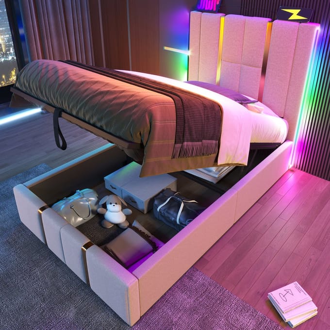 REDOM Opbergbed 90x200 cm – Linnen – Hydraulisch – LED & USB/Type-C – Beige – 113 kg
