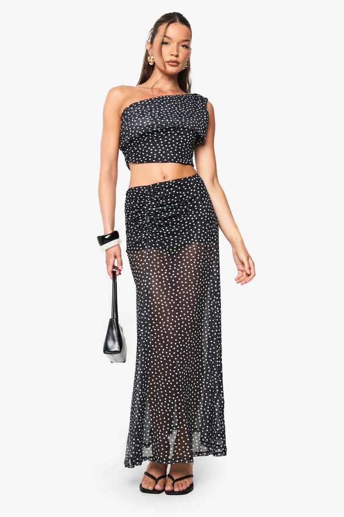 boohoo Dames Polka Dot Mesh Off Shoulder Top | Black | Maat: 12