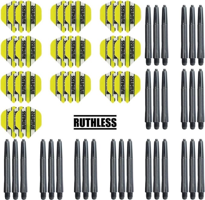 Darts Set - 10 Sets Ruthless Flights – dart flights – Geel – plus 10 sets Dragon – dart shafts – medium