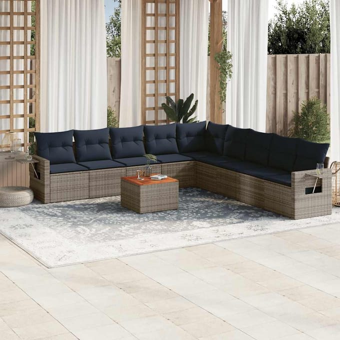 vidaXL - 10-delige - tuinbankset - met - kussens, - grijs - polyrotan