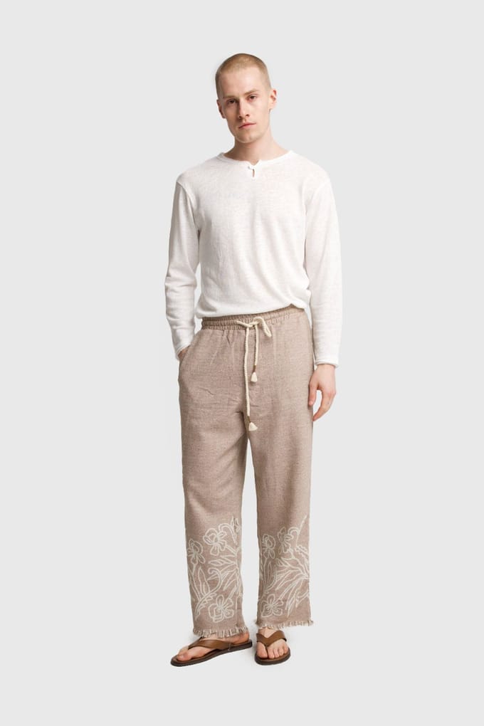 Heren Katoenen Geborduurde Gebreide Wijde Pantalon