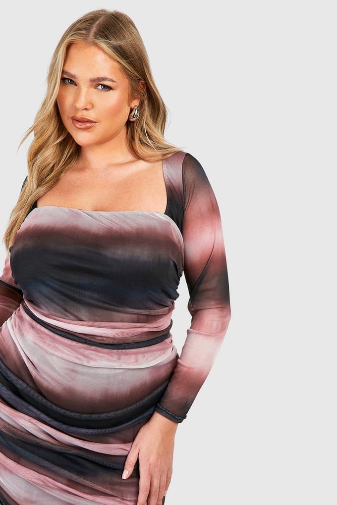 boohoo Dames Plus geprinte mesh bodycon jurk | Violet | Maat: 54