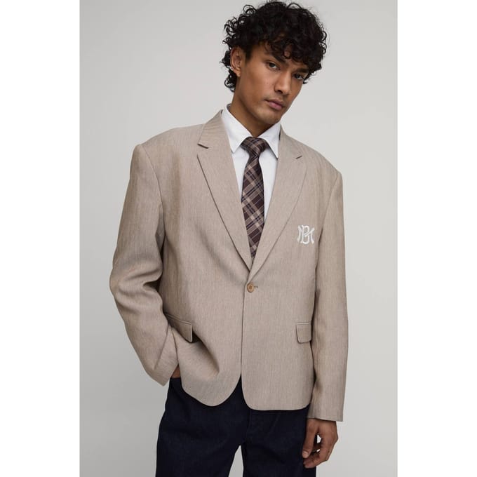 Herringbone Embroidered Oversized Blazer | Taupe | Size 48