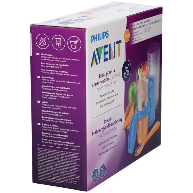 Bewaarbakjes set - PHILIPS AVENT - Puree - 10x180ml + 10x240ml + 20 deksels + Afscheidingslepel + Recepten wit