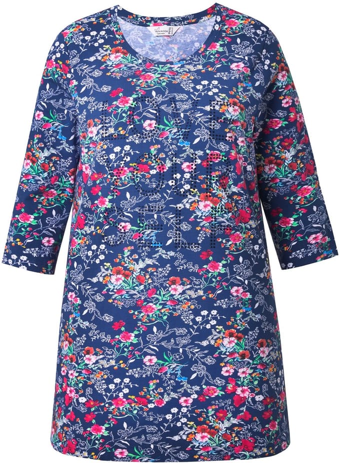 MIAMODA - Dames - Lange blouse minimalistisch motief glitterstatement - Donkerblauw - Maat 42
