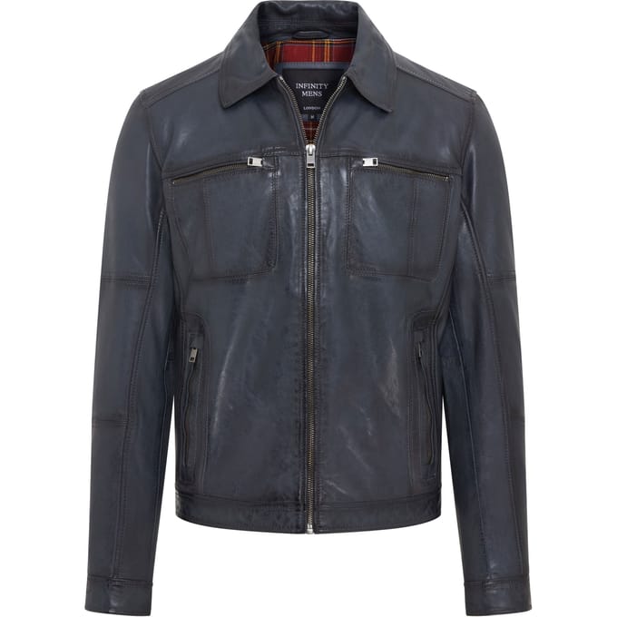Heren Blauw Klassiek Leren Bikerjack - Bettles