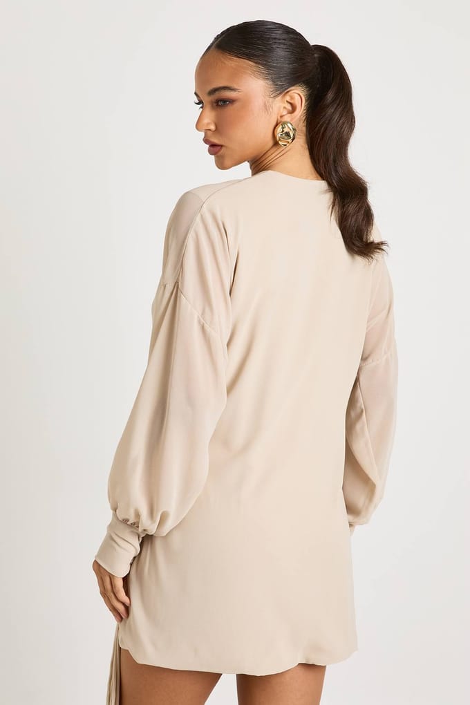 boohoo Dames Mini-jurk met lange mouwen en wikkelstijl | Stone | Maat: 8