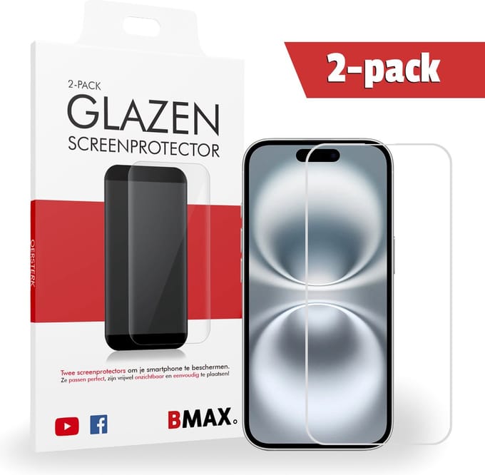 2-pack BMAX Screenprotector geschikt voor Apple iPhone 16 van gehard glas - Apple screenprotectors - Telefoonaccessoires - Telefonie & Accessoires - Beschermglas - Glas screenprotectors