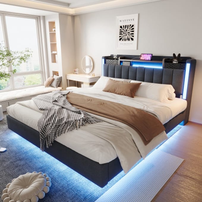 Zubaliya Polsterbed - 160x200 cm Grijs - Zwevend - LED-Verlichting - USB-Aansluiting