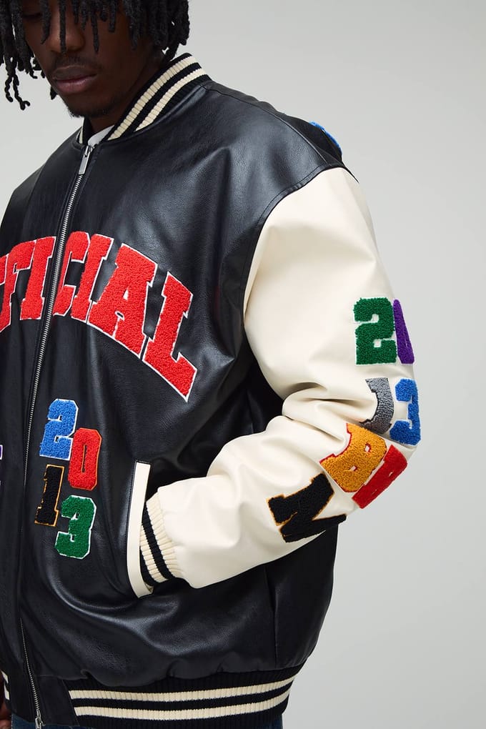Hoge oversized pasvorm met badge applique PU varsity bomberjas | Black | Size Medium