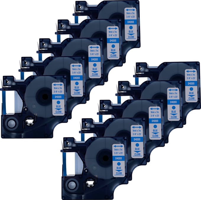DULA Dymo D1 40911 Compatible label tape - 10 lettertapes - Blauw op transparant - 9mm x 7m