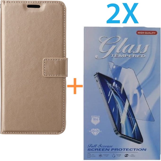 Bookcase Geschikt voor: Apple iPhone 16 Pro Max - Goud - portemonnee hoesje - + 2X Tempered Glass Screenprotector
