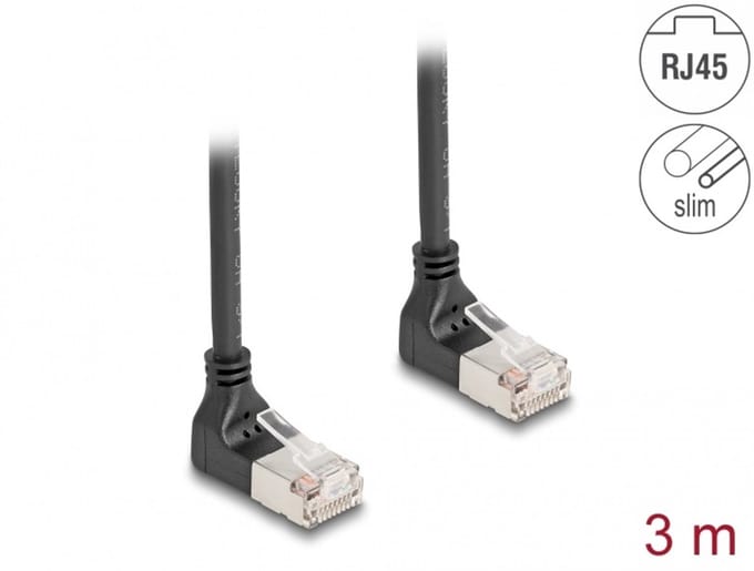 Delock RJ45 Network Cable Cat.6A S/FTP Slim 90° upwards / upwards angled 3 m black