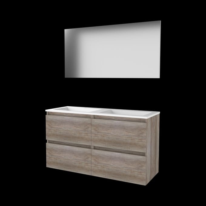 Basic-Line Basic 46 Badkamermeubelset - 120 x 46 cm - Greeploos - 4 Lades - Acryl Wastafel - 2 Kraangaten - Spiegel - Scotch Oak