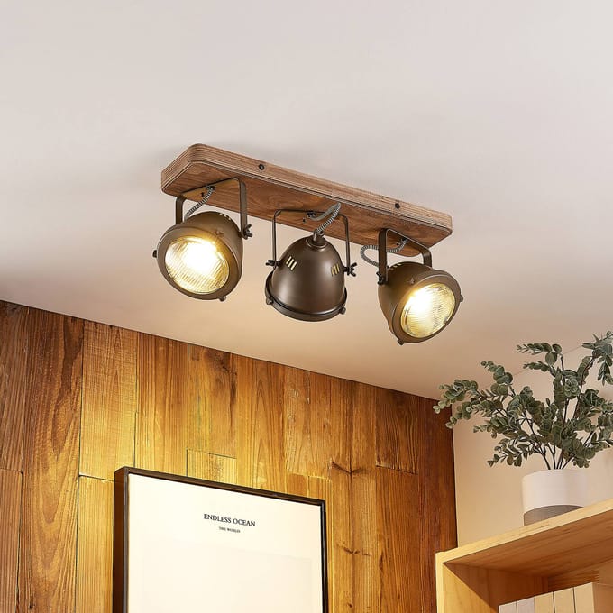 Lindby - buitenspot - 3lichts - Metaal, hout - H: 17.5 cm - GU10 - zwart, bruin