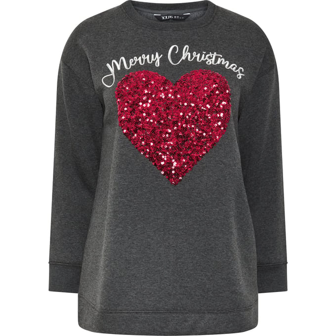 Yours Plus Size Grey 'Merry Christmas' Sequin Heart Novelty Sweatshirt Size 44