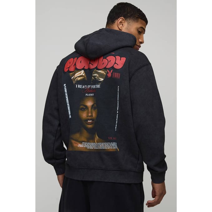 Zwarte oversized Playboy gewassen hoodie met gelicentieerde print | Washed Black | Size Medium