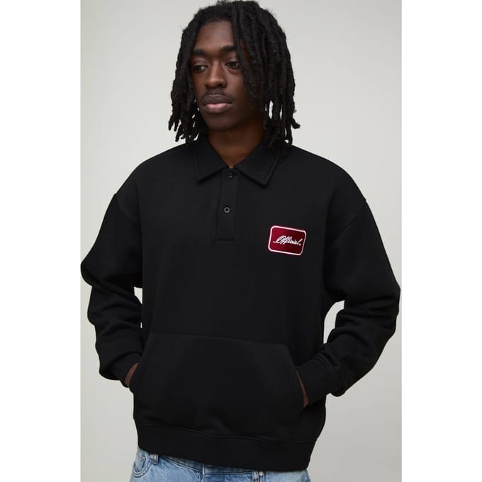Heavyweight Oversized Boxy Embroidered Badge Polo Sweater | Black | Size Medium