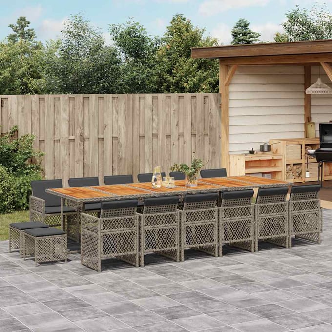 vidaXL - 17-delige - Tuinset - met - kussens - poly - rattan - grijs