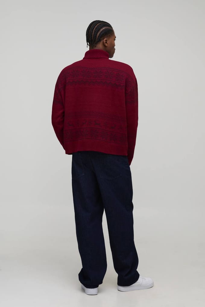 Oversized Boxy Roll Neck Christmas Fair Isle Knitted Jumper | Burgundy | Size Medium