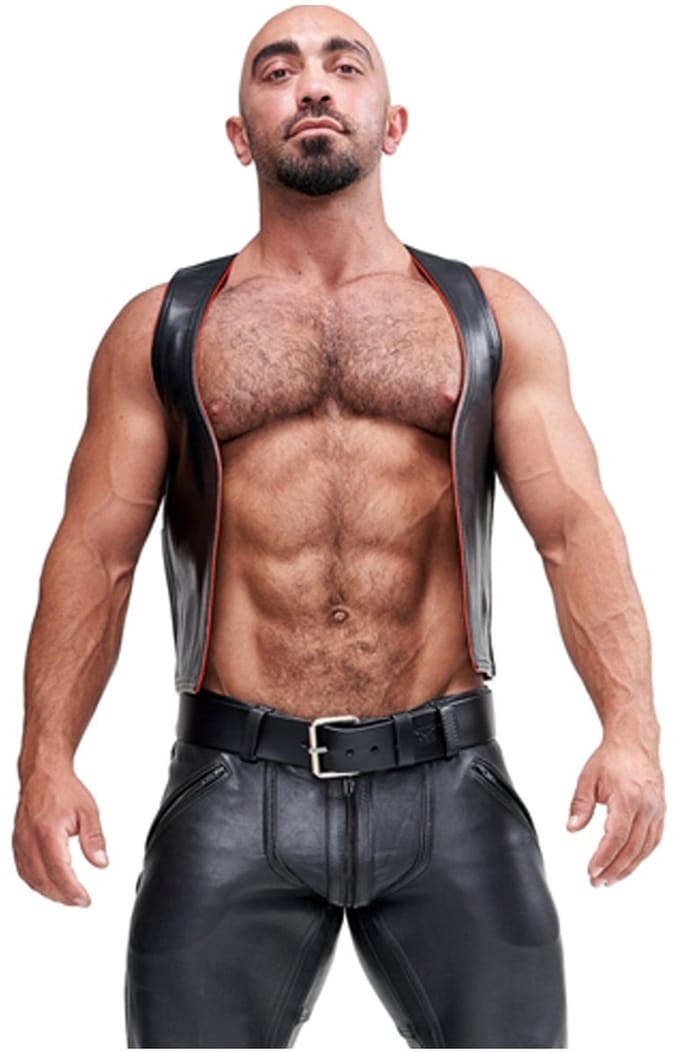 Mister B leren muscle vest met embleem - zwart/rood - medium