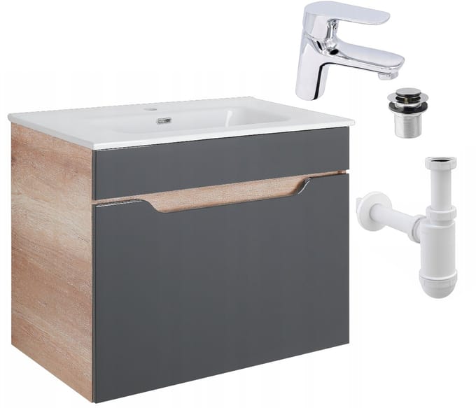 STAMAR - Kast Met Wastafel 80 2 Lades Hangend Kraan Organizer - Grijs