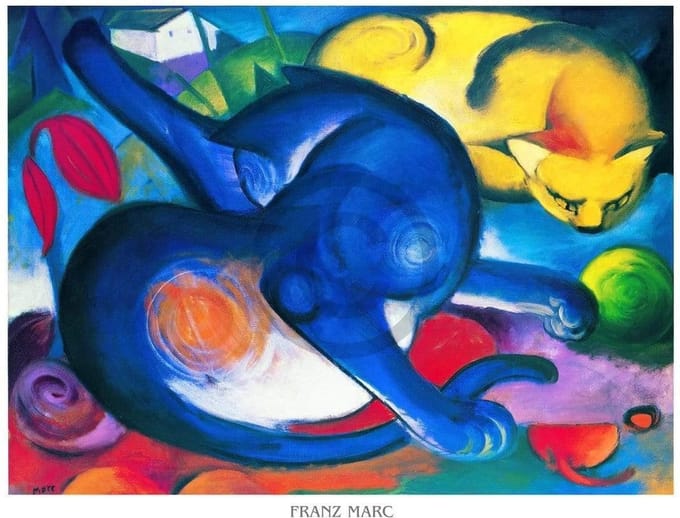 Kunstdruk Franz Marc - Zwei Katzen blau und gelb 70x50cm