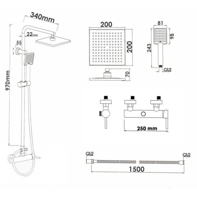 Doucheset - Regendouche - 20cm - Zwart - Mechanische mengkraan - Regendouche