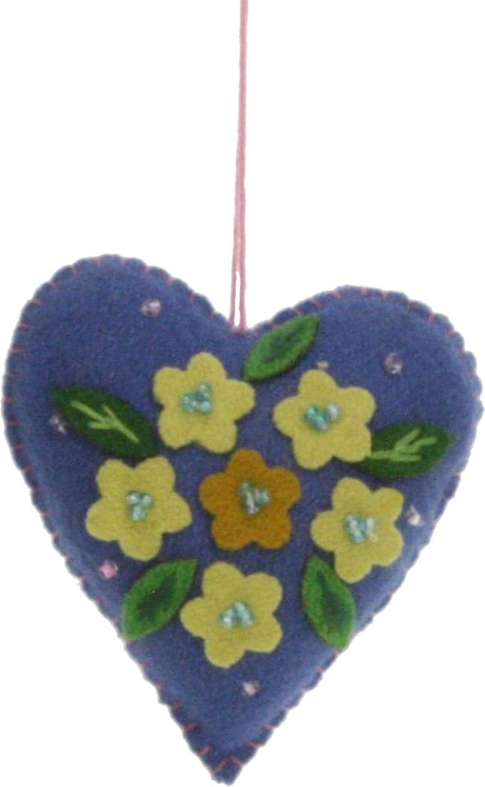 Hart blauw Bloemen geel, vilt 7x2x7cm