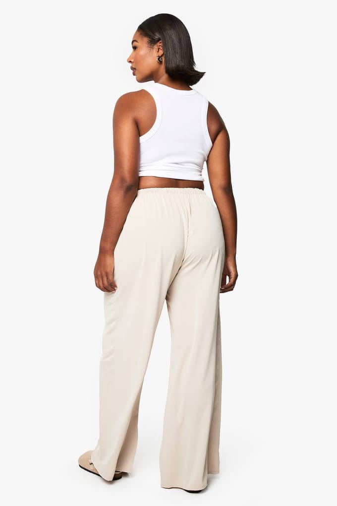 boohoo Dames PLUS TREKKOORD BROEK MET WijDE BENEN | Steen | Maat: 48